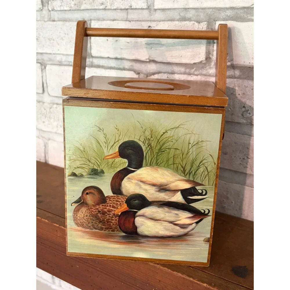 Vintage Mallard Wooden Ice Bucket with Handle and Removable Plastic Liner